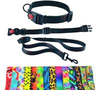 Dog Collar and Lead 180 cm for Medium and Large Dogs - Durable Polyester, Robust with D-Ring and Double Handle (Neck Circumference 46-64 cm, Abstraction Black Red)