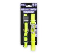 Dog Collar and Lead Set by Smart Choice, Reflective Yellow, Pink, Orange, Adjustable with Neoprene Padding, Secure Clip (Yellow)