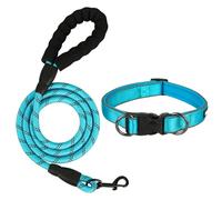 Dog Collar and Leash Set, Reflective Dog Collar Heavy Duty Dog Leash, Adjustable Soft Neoprene Padded Nylon Pet Collars, Comfortable Padded Handle, for Small Medium Large Dogs, 5FT (Blue, Large)