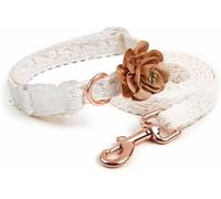 dog collar， Lace Dog Collar and Leash Set Cotton Puppy Handmade Embroidered with Flower(White,S)