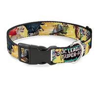 Dog Collar Plastic Clip DC League of Super Pets Superhero Pet Poses Collage Yellow 11 to 16.5 Inches 1.0 Inch Wide