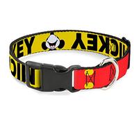 Dog Collar Plastic Clip Mickey Smiling Up Pose Flip Buttons Yellow Black Red 8 to 12 Inches 0.5 Inch Wide