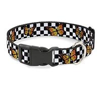 Dog Collar Plastic Clip Monarch Butterfly Scattered Checker Black White 9 to 15 Inches 1.0 Inch Wide