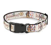 Dog Collar Plastic Clip Pocahontas and Meeko Compass Pose with Script and Leaves Beige 13 to 17 Inches 1.5 Inch Wide