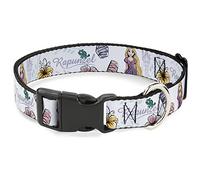 Dog Collar Plastic Clip Rapunzel Castle and Pascual with Script and Flowers White 16 to 23 Inches 1.5 Inch Wide