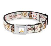 Dog Collar Seatbelt Buckle Pocahontas and Meeko Compass Pose with Script and Leaves Beige 11 to 16.5 Inches 1.0 Inch Wide