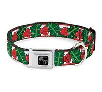 Dog Collar Seatbelt Buckle Snowy Holly Stripe Reds White Greens 11 to 17 Inches 1.0 Inch Wide