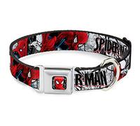 Dog Collar Seatbelt Buckle Spider Man Action Poses Comic Scenes White Black Red 18 to 32 Inches 1.5 Inch Wide, DC-WSPD039-WL