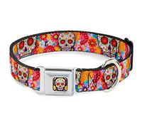 Dog Collar Seatbelt Buckle Sugar Skull Starburst White Multi Color 13 to 18 Inches 1.5 Inch Wide