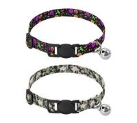 Dog Collar Soft Padding Buckle Pet Collars with Bells Adjustable Fits Small Dogs Puppies Cats 2 Pcs Pumpkins Bats Neon Pugs Various Poses Leaf