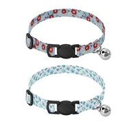 Dog Collar Soft Padding Buckle Pet Collars with Bells Adjustable Fits Small Dogs Puppies Cats 2 Pcs Red Blue Flowers Paws Love