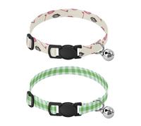 Dog Collar Soft Padding Buckle Pet Collars with Bells Adjustable Fits Small Dogs Puppies Cats 2 Pcs Lip Print Key Watercolor Green and White Striped Check