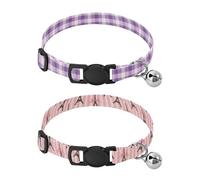 Dog Collar Soft Padding Buckle Pet Collars with Bells Adjustable Fits Small Dogs Puppies Cats 2 Pcs White and Purple Striped Check White Stripes Eiffel Tower