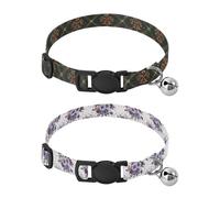 Dog Collar Soft Padding Buckle Pet Collars with Bells Adjustable Fits Small Dogs Puppies Cats 2 Pcs Red and Green Plaid Four-leaf Clover Design Purple Flowers
