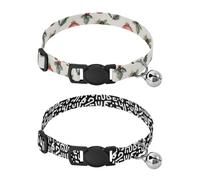 Dog Collar Soft Padding Buckle Pet Collars with Bells Adjustable Fits Small Dogs Puppies Cats 2 Pcs Bell Candle Leaves Black and White Graffiti