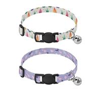 Dog Collar Soft Padding Buckle Pet Collars with Bells Adjustable Fits Small Dogs Puppies Cats 2 Pcs Colorful Trees Stars Purple White Bats Pink Hearts Spider Webs