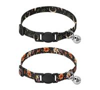 Dog Collar Soft Padding Buckle Pet Collars with Bells Adjustable Fits Small Dogs Puppies Cats 2 Pcs Mysterious Horn Star Leave Ghost Pumpkin Flower