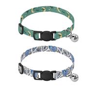 Dog Collar Soft Padding Buckle Pet Collars with Bells Adjustable Fits Small Dogs Puppies Cats 2 Pcs Moon Wizard Broom Pentagram Love Flowers Blue and White