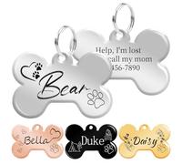Dog Collar Tags for Pets Engraved, Personalised ID Tag, Bone Shape Name Tag for Dogs & Cats, Double-Side Engraving, Stainless Steel, Polished Silver