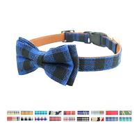 Dog Collar with Bow - Adorable Plaid Sturdy Soft Cotton&Leather Dog Collars for Small Medium Large Dogs Breed Pup Adjustable 18 Colors 3 Sizes (Blue Plaid, M 13"-18")