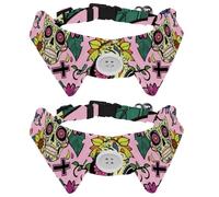 Dog Collar with Bow Tie, Adjustable Dog Formal Tuxedo Collar with Removable Shirt Collar, Cat Collars for Small Pets, Sugar Skulls Cross Floral Day of the Dead Pattern