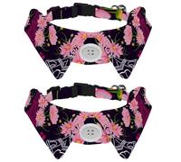 Dog Collar with Bow Tie, Adjustable Dog Formal Tuxedo Collar with Removable Shirt Collar, Cat Collars for Small Pets, Vintage Paris Eiffel Tower Kisses Hearts Pink Chamomile Flowers Pattern