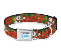 Dog Collar with Buckle for Seat Belt Frosty The Snowman Pose Poinsetta Plaid Collage Green Red 15 to 24 Inches 1.0 Inches Wide