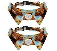 Dog Collars Bow Tie Removable Bell, 2 Pack Highland Cow Sunflowers Cats Collar with Shirt Collar, Adjustable Pet Collars for Small Dogs Cat
