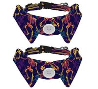 Dog Collars Bow Tie with Bell, 2 Pcs Neon Skeleton Pattern Pet Collar with Shirt Collar, Adjustable Pet Collars for Small Dogs Cats Kitten
