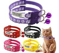 Dog Collars & Cat Collars with Bell -Personalised Custom Engraved Name Tag, Paw Reflective Adjustable Nylon for Small & Medium Pets, Anti-Lost Cute Pet ID by LisaMo - 5 Colours UK((Red)