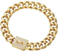Dog Collars, Thick Heavy Duty Cuban Chain for Medium Large Dogs Gold Stainless Steel Training Collar Link With Zirconia Lock Necklace(22inch/56cm)
