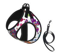 Dog Colorful Butterflies And Flowers Printed Harness And Leash Set,Adjustable,Breathable Soft,Step-In Mesh Pet Vest Harness With Reflective Strip