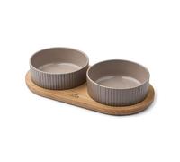 DOG Copenhagen Kronborg Food Bar - Ceramic Food and Water Bowl Set with Stand - Dishwasher Safe - Non Slip - Nordic Design Stoneware, L, Caffe Latte/Oak