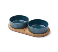 DOG Copenhagen Kronborg Food Bar - Ceramic Food and Water Bowl Set with Stand - Dishwasher Safe - Non Slip - Nordic Design Stoneware, S, Petrol Blue/Oak