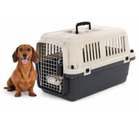 dog crate - Flamingo Fomad dark grey - S 40 x 61 x 41 cm - durable plastic - metal door - safety lock - carry handle - removable food and water bowl
