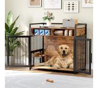 Dog Crate for Large Dog, 122L x 76W x 110H cm Dog Crate Furniture with Drawer Storage, Lockable Dog House with 360°Rotatable Feeder, Indoor Wood Kennel Heavy Duty Metal Pet Crate for 1 Large/2 Small