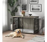 PawHut 44.5'' Dog Crate Furniture End Table w/ Cushion for Extra Large Dogs, Grey
