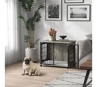PawHut Dog Crate Furniture, Dog Cage End Table with Large Top, Soft Washable Cushion, Lockable Front Door, Wire Mesh Ventilation, Indoor Pet Crate for Medium Sized, 80 x 56 x 63cm - Grey wood effect