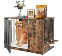 Dog Crate Furniture for Large Dogs, 36" Indoor Wooden Dog Kennel with 270° Swivel Door, 360° Rotating Feeder, Decorative Heavy Duty Dog House with Double Locks & Bowls, Rustic Brown