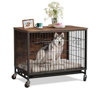 Dog Crate Furniture for Medium Dogs, 32.5" L x 21.9" W x 25.2" H Indoor Kennel with Double Doors, Wheels & Removable Tray, Sturdy Dog Cage with Easy Assembly, Rustic Brown