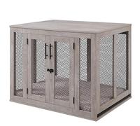 Dog Crate Furniture with Cushion, Large Dog Kennel with Wood and Mesh, Dog House, Pet Crate Indoor Use, Large, Grey Colour