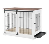 Dog Crate Furniture with Cushion, Large Dog Kennel with Wood and Mesh, Dog House, Pet Crate Indoor Use, Large, White Colour, Removable Base Tray and Soft Cushion