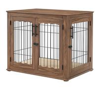 Dog Crate Furniture with Cushion, Large Dog Kennel with Wood and Mesh, Dog House, Pet Crate Indoor Use, Large, Brown Colour, Soft Cushion