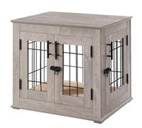 Dog Crate Furniture with Cushion, Small - Medium Dog Kennel with Wood and Mesh, Dog House, Pet Crate Indoor Use, Grey Colour