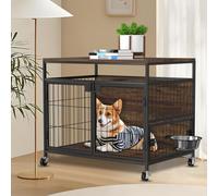 Dog Crate Furniture with Wheels, 31" Heavy Duty Wooden Side End Table, Indoor Dog Kennel Furniture for Small/Medium Dog, Double Doors & 360 Degree Rotating Stainless Bowl 31" Lx21.6 Wx27.5 H