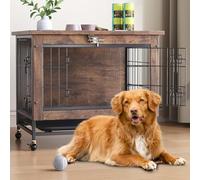 Dog Crate Furniture, Wooden Indoor Dog Kennel End Side Table with Weels, Easy Clean Tray & Double Doors, Anti-Chew Anti-Escape Furniture Style Lockable Pet Crate for Small/Medium Dogs 67x50x65cm