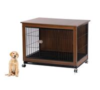 Dog Crate Furniture, Wooden Pet House with Removable Trays and Lockable Wheels, Indoor End Table for Small Dogs, Top Shelf for Storage