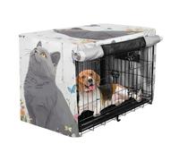 Dog Crates Covers Puppy Wire Cage Cover with Roller Shades Cartoon British Cats White