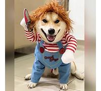 Dog Deadly Doll Costume - Pet Halloween Funny Chucky Cosplay Accessories with Wig & Knife Christmas Party Cut Set for Puppy Cat Pug Corgi Shiba L Size (F)