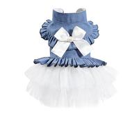 Dog Denim Tutu Dress, Pet Princess Bowknot Skirt with White Tulle, Cute Suspender Clothes for Small Dogs Cats, Pet Apparel for Wedding Party Birthda (WHS)